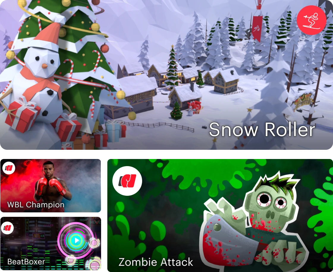 Examples of SkyTechSport games: Snow Roller, Zombie Attack, BeatBoxer and WBL Champion.
