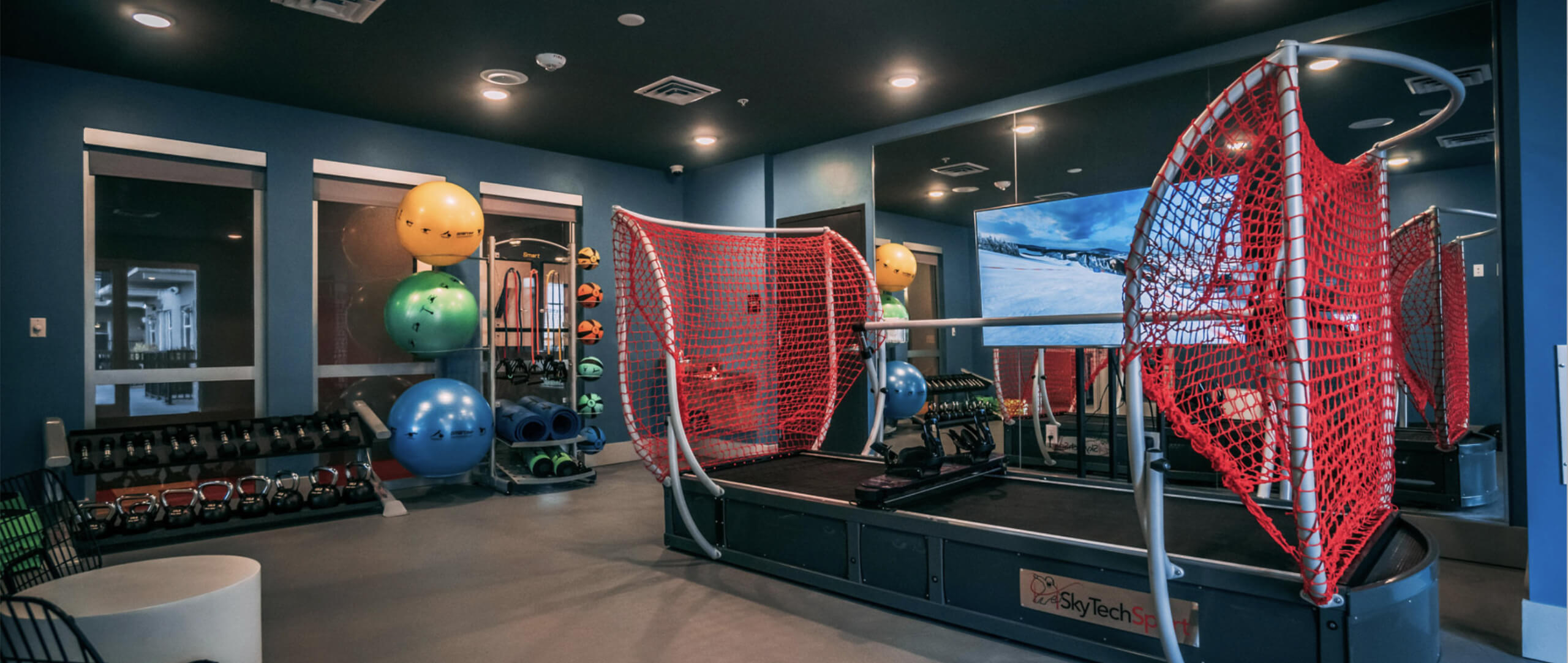 Ski simulator in a home gym setup