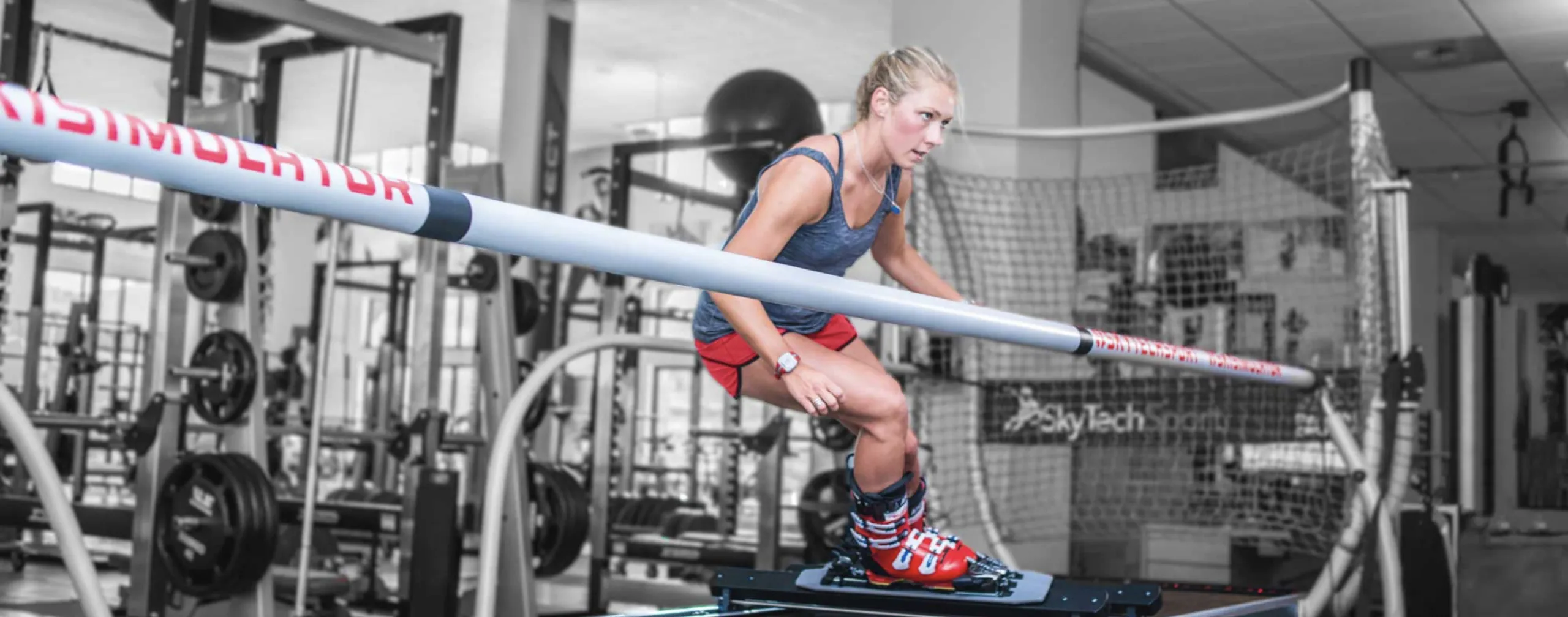 Mikaela Shiffrin on the SkyTechSport ski simulator